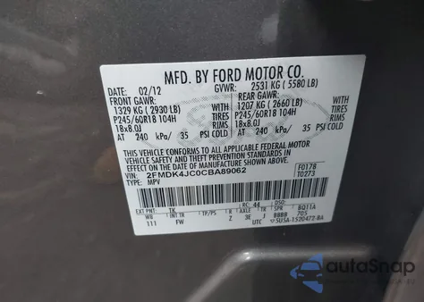 2012 Ford Edge Sel from USA, damaged, VIN 2FMDK4JC0CBA89062